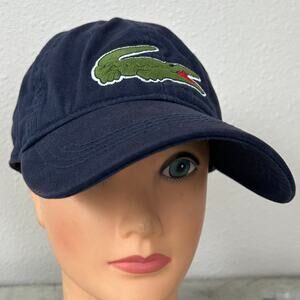 Vintage Lacoste Navy Crocodile Logo Dad Hat Leather Strapback Classic Preppy Cap